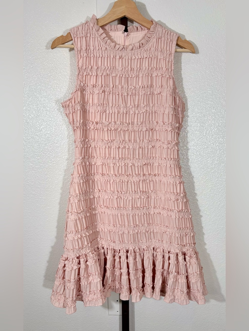 Mable Soft Pink Ruched Ruffle Mini Dress Sleeveless S